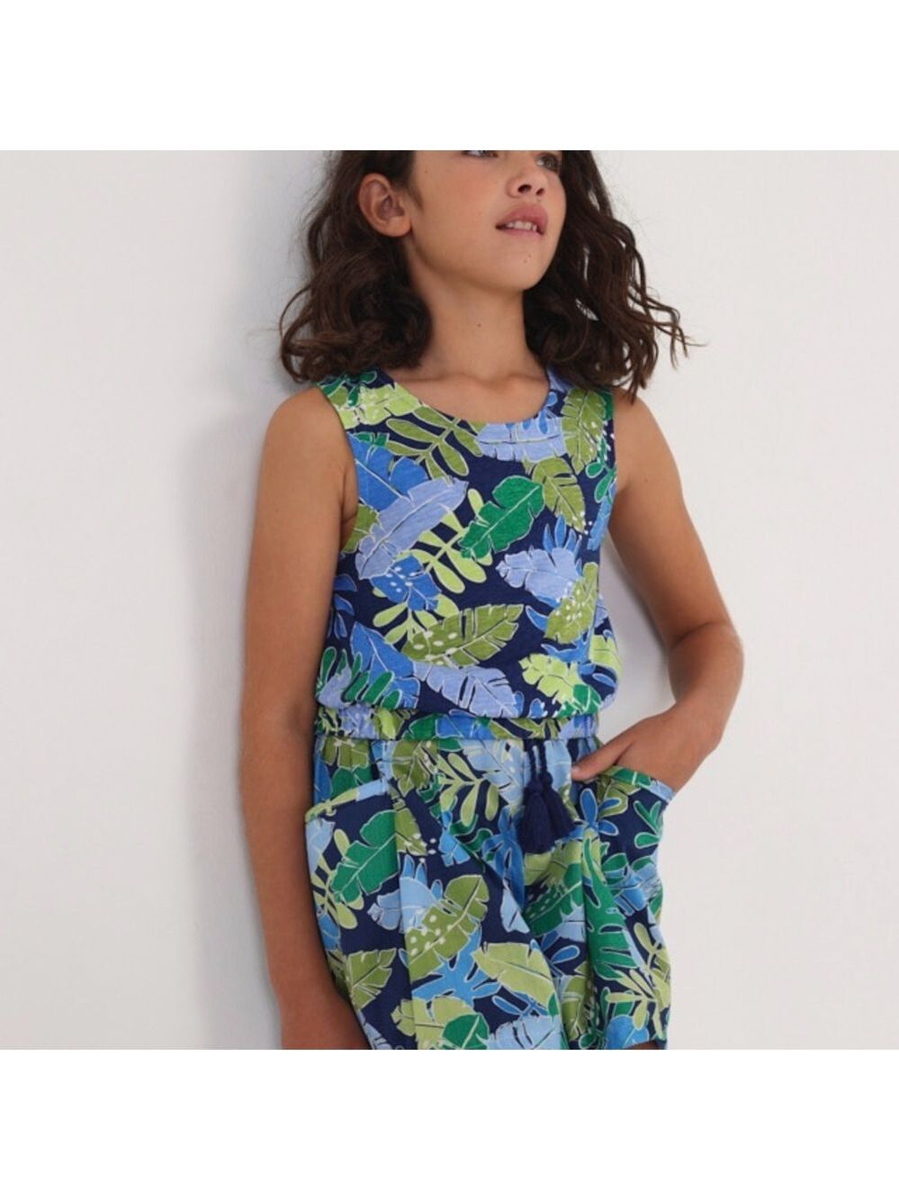 Size 10 Girls Mayoral Tropical Leaf Print Shorts - Blue and Green